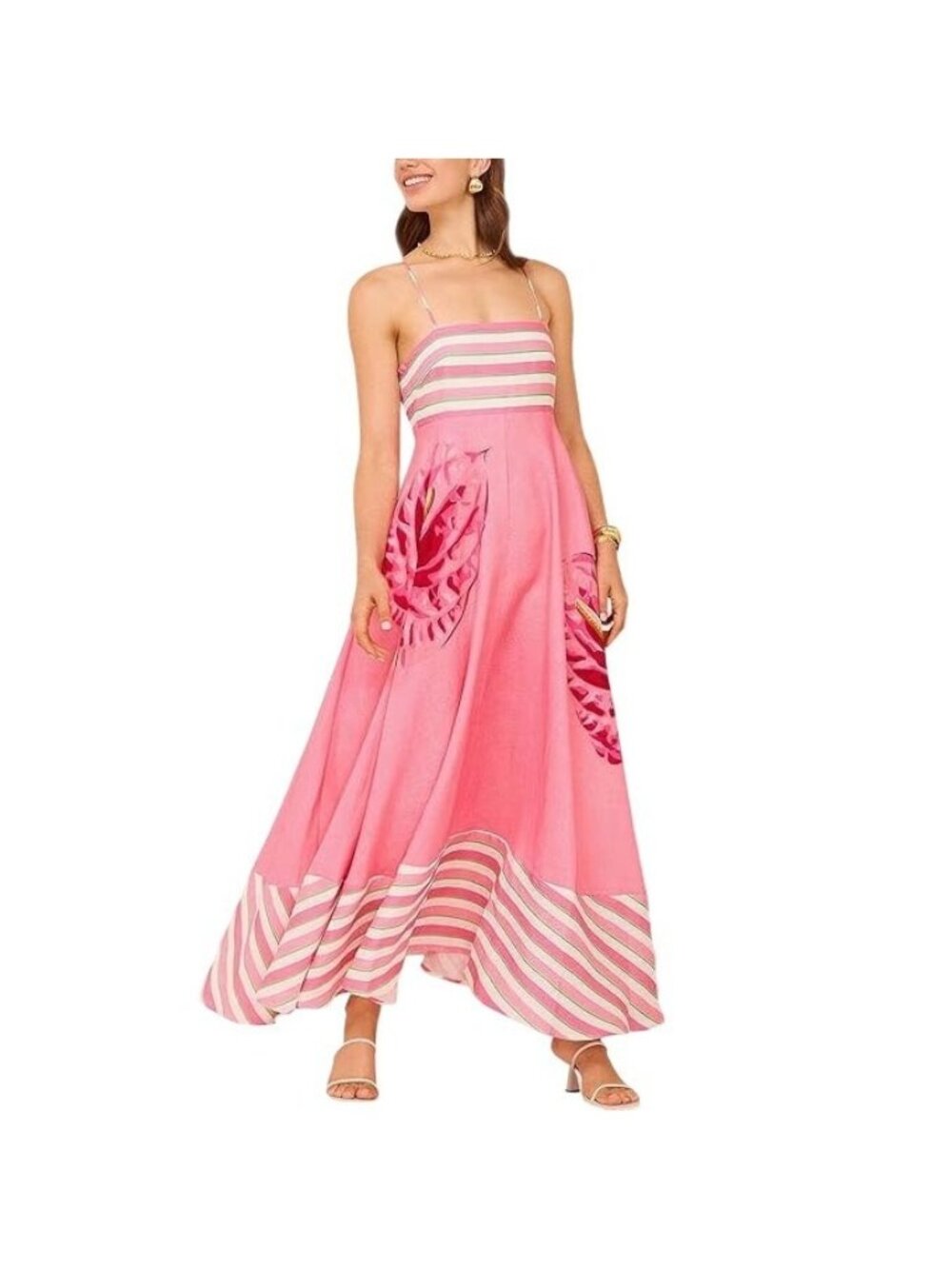 Pink Striped Floral Maxi Dress with Spaghetti Straps & Asymmetrical Hem - Small